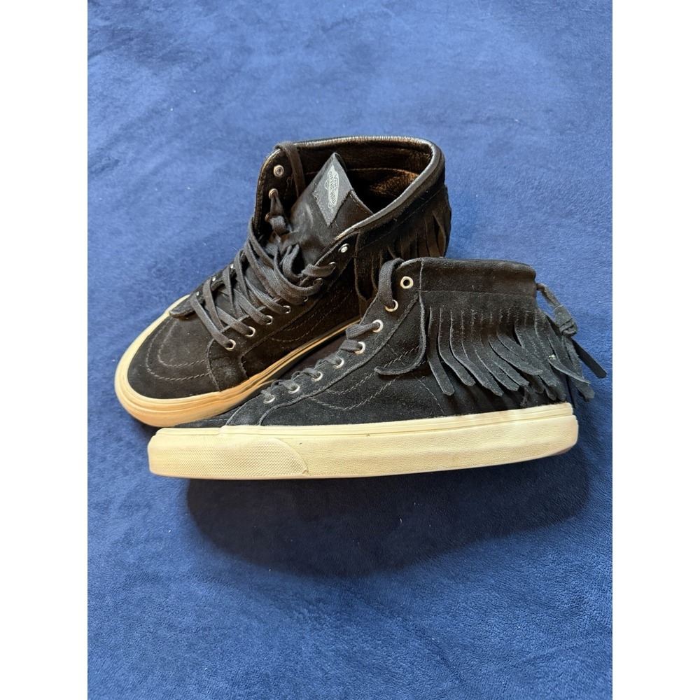 Vans Sk8-Hi Moc Mens Size 8 Black Leather Fringe Sneakers High Top Skate Shoes